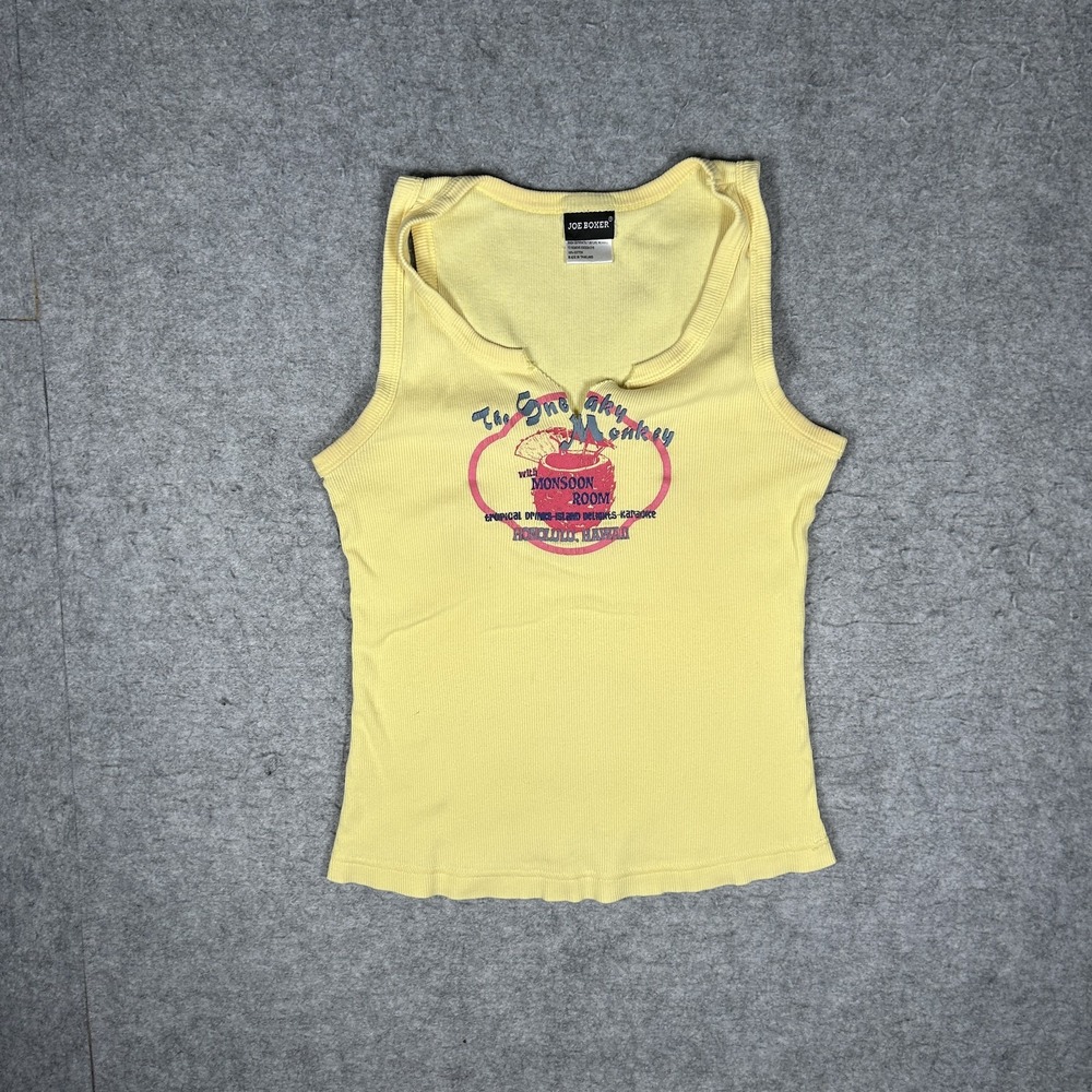 Vintage Joe Boxer Tank Top Womens L/G Yellow Y2K Ribbed Hawaii Souvenir Keyhole